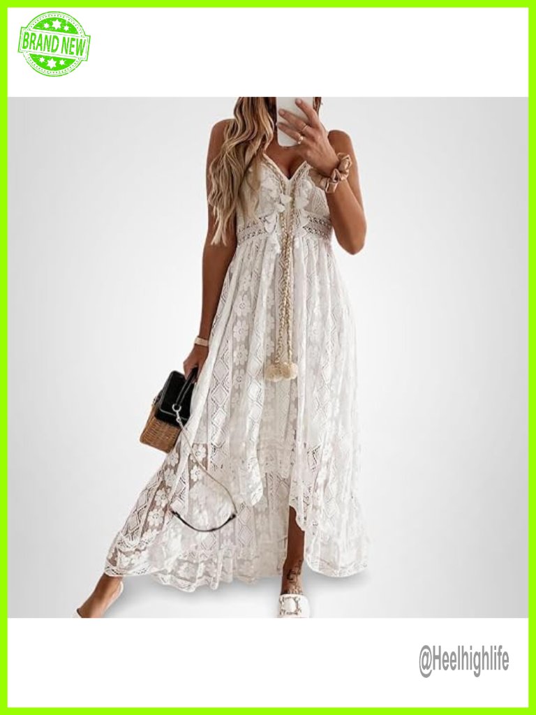Maxi Summer Dress Lace V Neck Sleeveless Boho Crochet Tassel Flowy Sundress